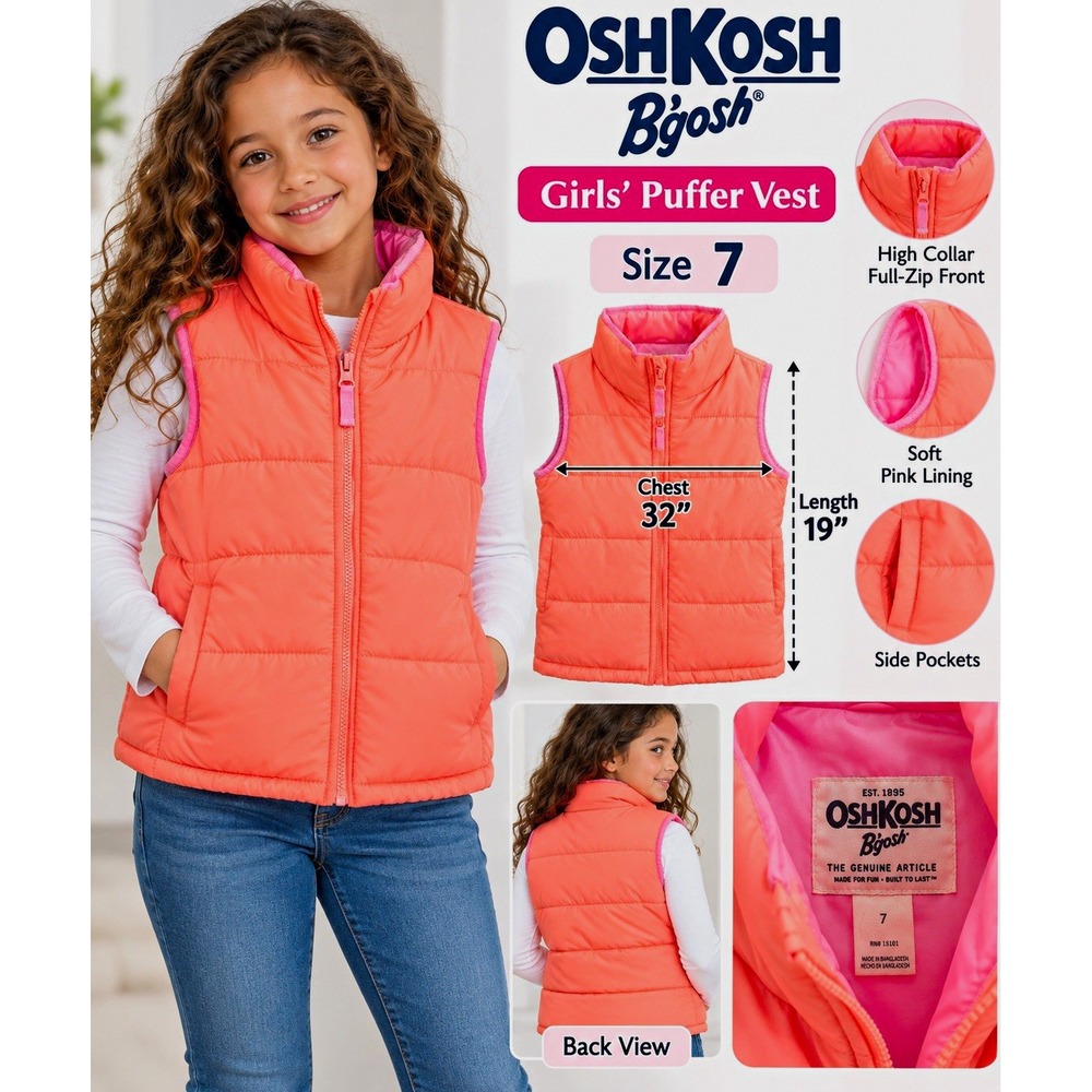 OshKosh B'gosh Girls Size 7 Coral Pink Quilted Puffer Vest Full Zip Winter Kids